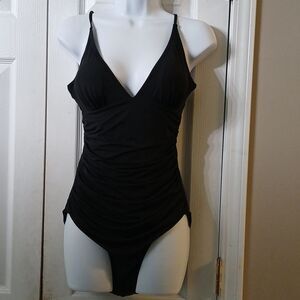 Black v neck ruched bathing suit swim suit sexy  Sz M NWOT